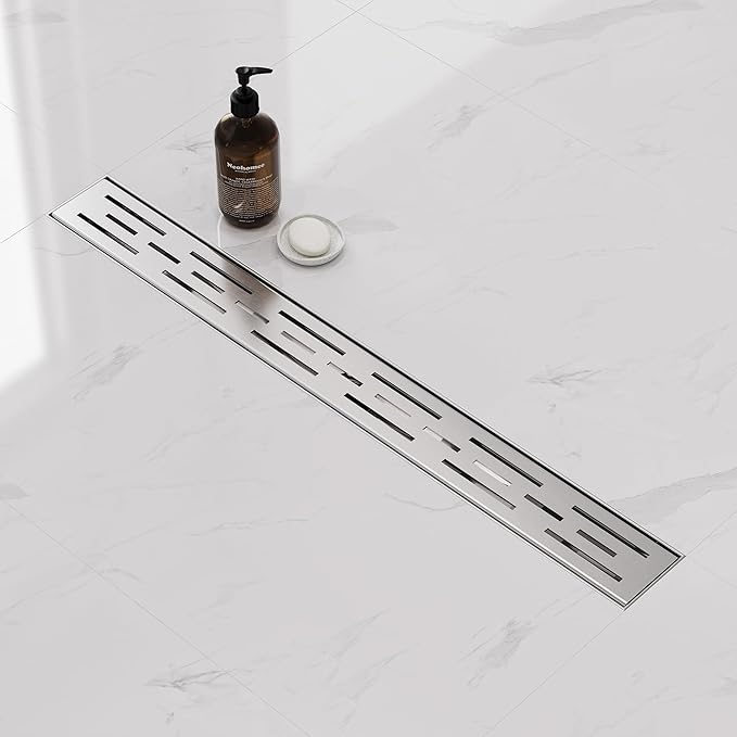 Shower Drain 30-120 cm Stainless Steel Floor Drain - 360° Siphon Drain Channel Extra Flat with Odour Stop, Hair Strainer and Adapter for Bathroom, Outdoor Use
