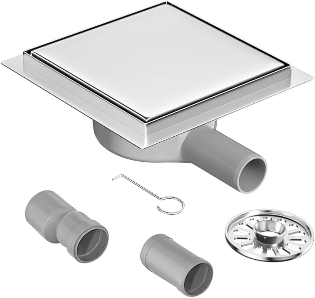 Floor Drain Shower Stainless Steel Square 15 x 15 cm with 360° Siphon, Odour Trap and Hair Filter 2-in-1 Tileable Drain Channel