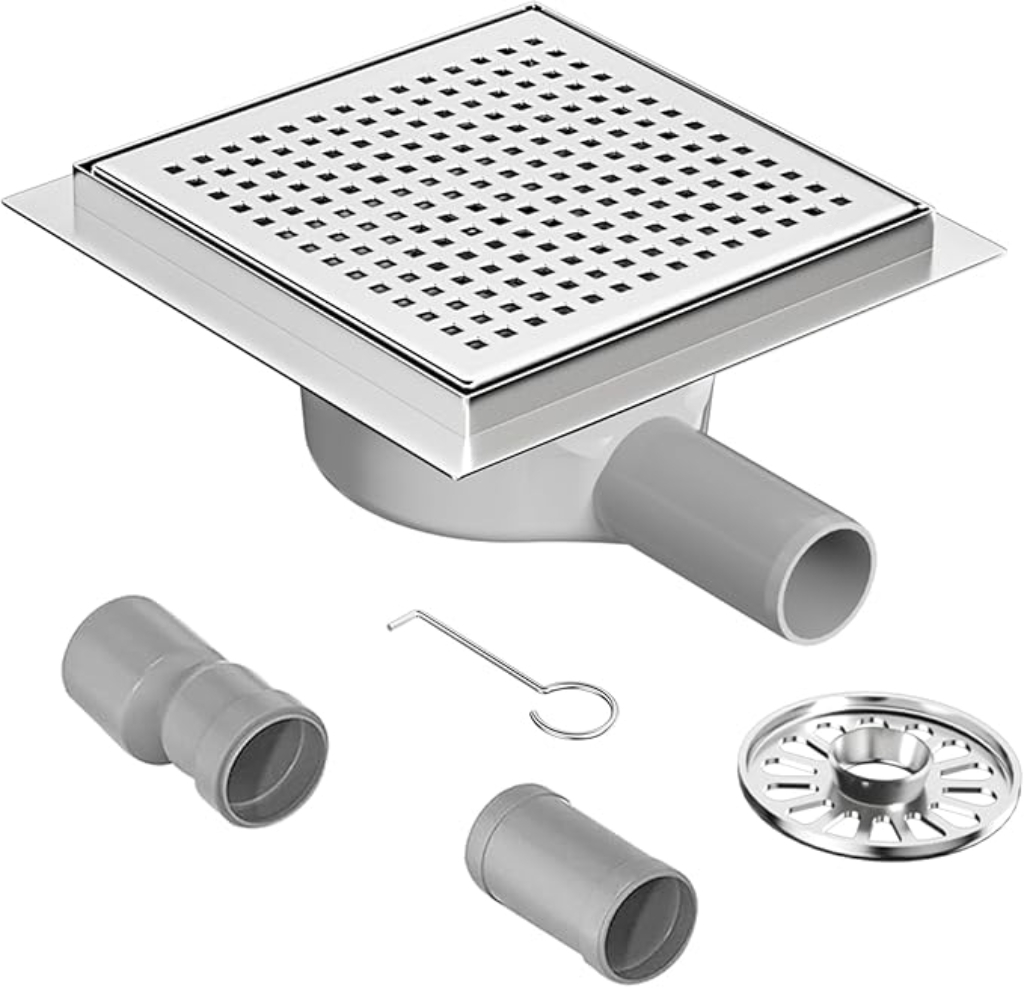 Floor Drain Shower Stainless Steel Shower Drain with 360° Siphon, Odour Trap, Hair Strainer and 2 Drain Adaptors, Drain Channel Shower Drain 15 x 15 cm