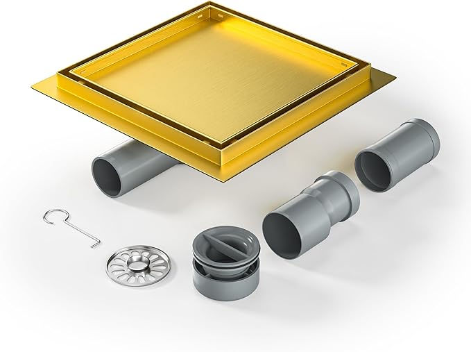 Gold Stainless Steel Shower Drain Square 360° Siphon with Odour Stop and Hair Strainer