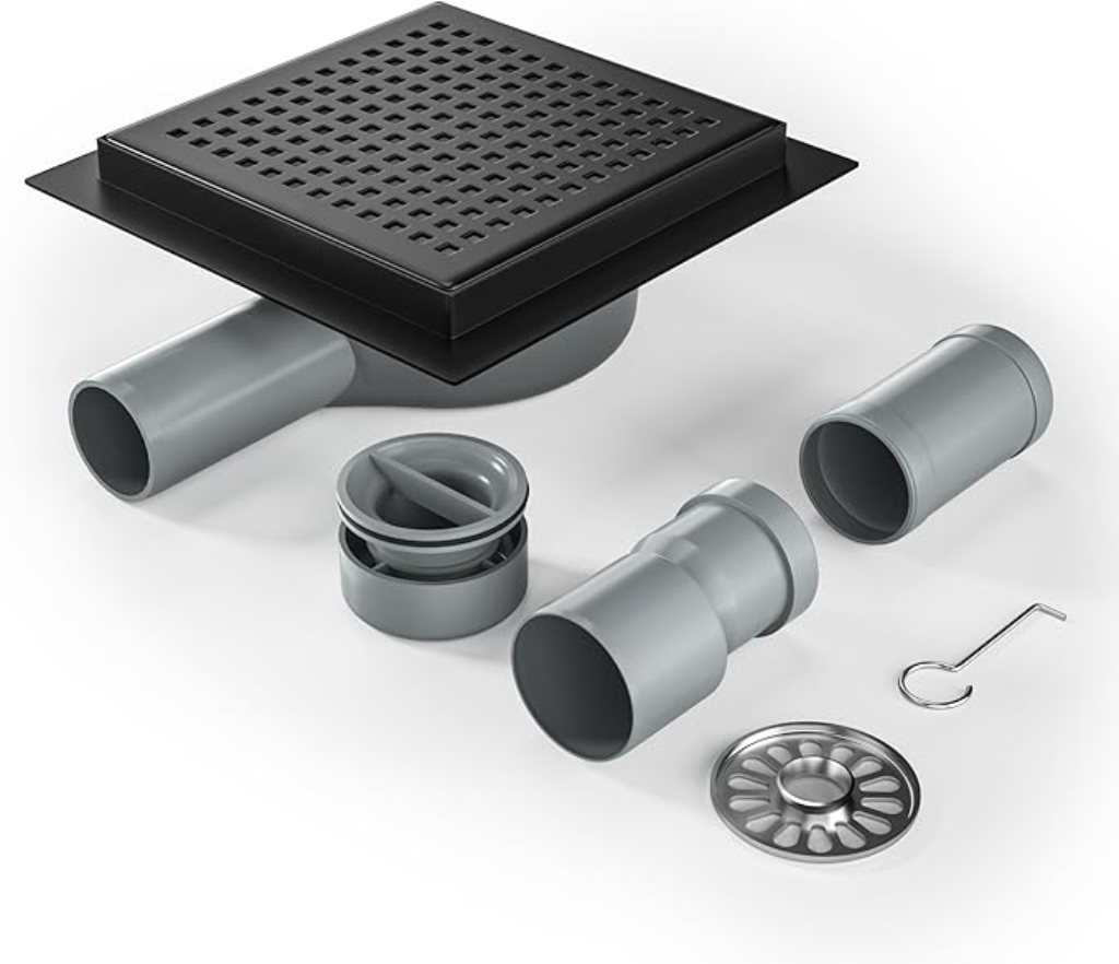 Balck Stainless Steel 304 Square Floor Shower Drain 360° Siphon with Odour Stop and Hair Strainer