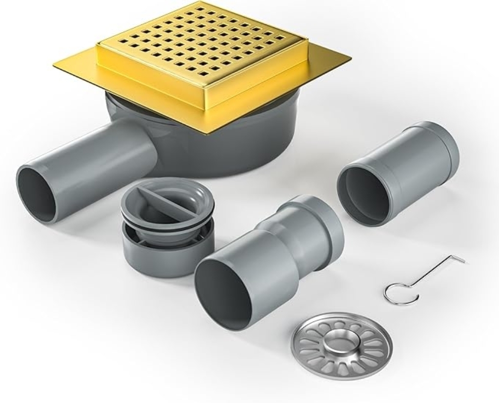 Gold Stainless Steel Channel Floor Shower Drain Square 360° Siphon with Odour Stop and Hair Strainer