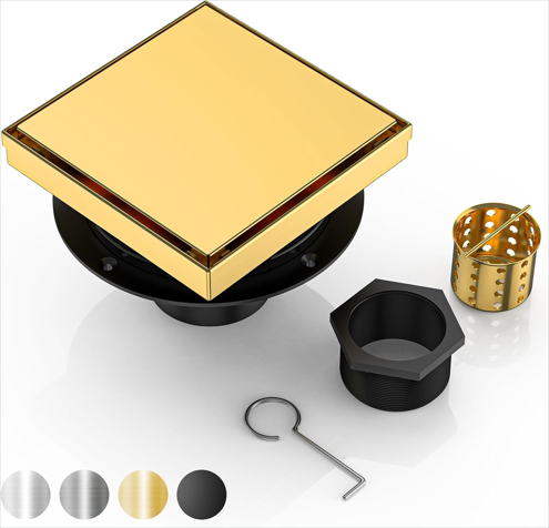Square Shower Drain 6 Inch Brushed Gold 304 Stainless Steel Shower Drain with 2-in-1 Tile Insert Panel